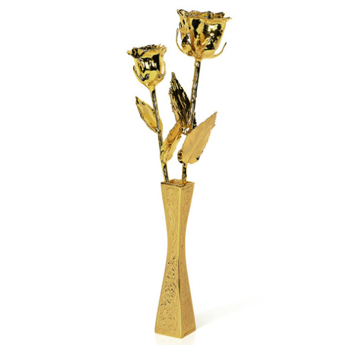 Gold dipped real rose 11.5 inch  with 6 inch gold plated square brass vase