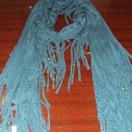 Stripe jersey oblong scarf with bead & fringes.